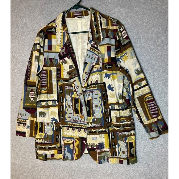 Vintage Danielle B Blazer Cotton Flax Womens Large Made in USA Safari Animal - Picture 1 of 11